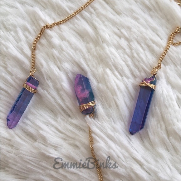 New Rainbow Aura Crystal Quartz Lariat Dual Copper Chain Necklace | Y Shape - Picture 5 of 15